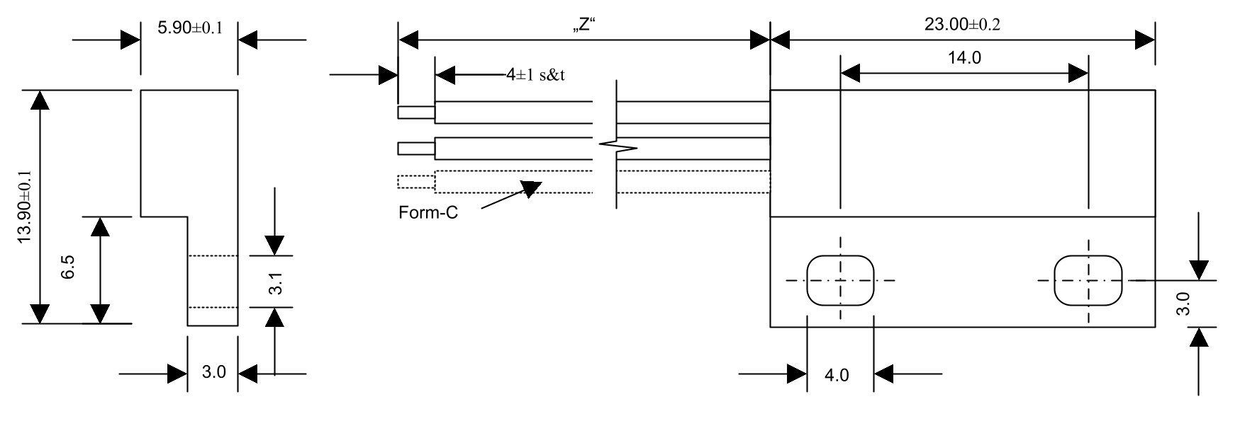 Technische Zeichnung Reedsesor Flachgehäuse MMS-101-TD-R1.0