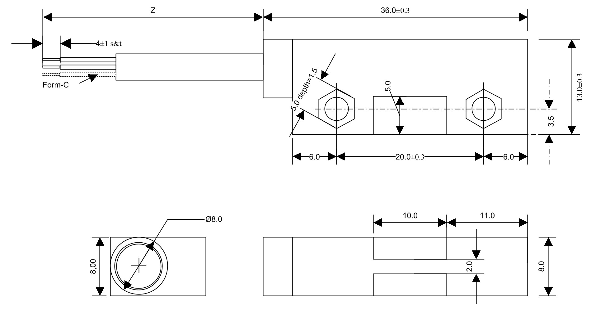 Technische Zeichnung Reedsesor Flachgehäuse MMS-105